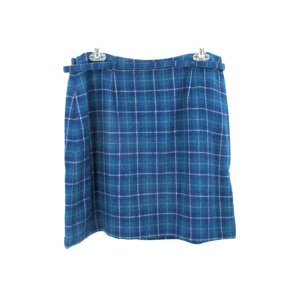 J. CREW Midi Tartan Plaid Skirt Women 14 Blue Wool Blend Belt Academia Old Money